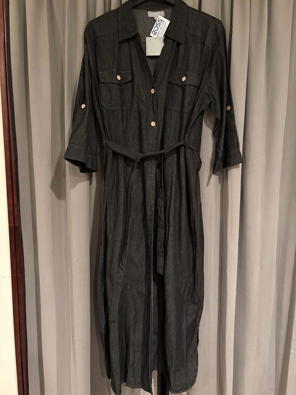 J Gee Women's Denim Button-Down Long Sleeve Midi Shirt Dress with Belt Black